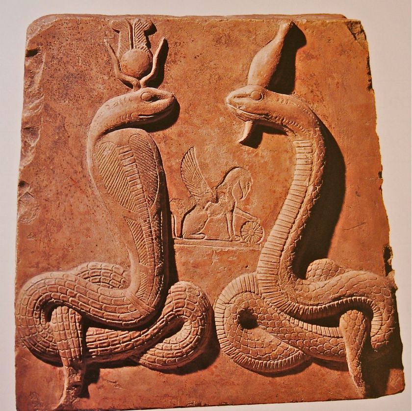 Cette image est un bas-relief issu de cet article de blog https://isiopolis.com/2014/08/17/isis-lady-of-the-holy-cobra/ représentant - à gauche Isis sous forme Agathe Tyche, elle regarde vers la droite et a la forme d’un cobra avec sur sa tête le symbole habituel d’Isis où on dirait deux cornes surmontées d’une sphère et d’une ou deux plume·s - à droite Osiris sous la forme Agathos Daimon sous la forme d’un cobra regardant vers la gauche et avec ses symboles habituels : une barbichette et une coiffure bizarre sur la tête ressemblant à une amphore. Entre eux deux on voit une sorte de chimère ou de sphinx, plus précisément un être avec l’arrière du corps d’un félin, des ailes d’oiseau, l’avant du corps d’un cheval et une tête d’oiseau représenté de profil regardant vers la droite, assis comme un chat avec les ailes déployées et la patte avant posée sur une roue genre roue solaire comme un chat jouant à la balle, sa nuque est courbée comme un cheval «sur la main» ou comme un cygne.