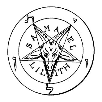 pentacle cerclé deux fois, avec des trucs écrits en hébreu autour dans le deuxième cercle, une tête de baphomet au milieu et l’inscription «Samael Lilith» autour dans le premier cercle.