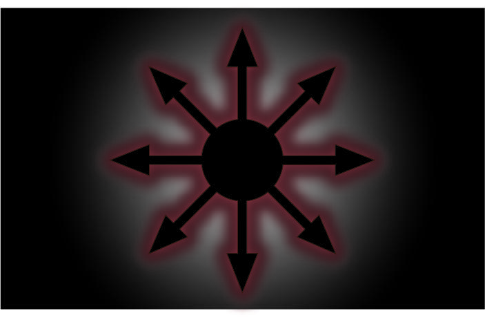 symbole de la magie du chaos, un cercle au centre et huit flèches qui en partent, afin de donner des armes aux chaotes. très luciférien du fait de l’étoile à 8 branches. trouvé sur https://www.kaosphorus.net/wp-content/uploads/2011/02/huit-couleurs-black.jpg