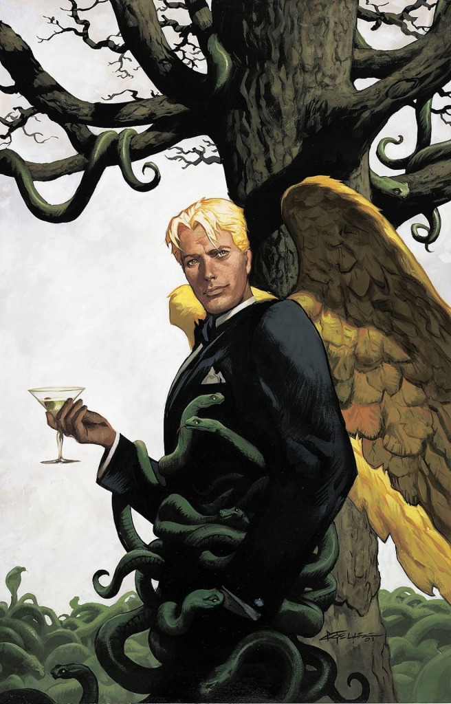 On voit le personnage de Lucifer de DC comics, cheveux blonds flashys, ailes dorées, costard noir, martini vesper à la main, et serpents verts entourés autour du buste. En fond un arbre avec des serpents dedans.