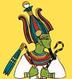 Image d’Osiris, tenant l’équivalent égyptien de la faucille et du marteau. Son visage est vert, et il a des sortes de cornes sur son chapeau.